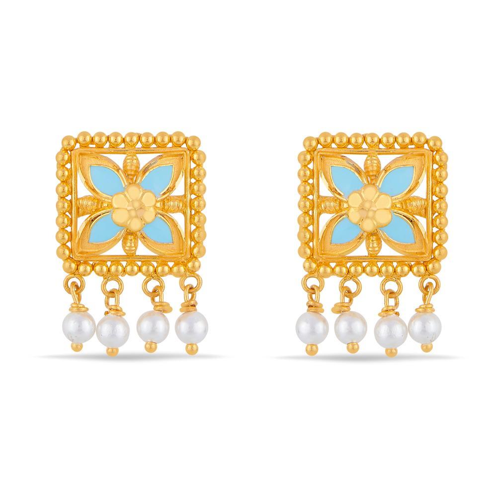 Buy 22 Karat Gold Floral Square Earrings with Pearls